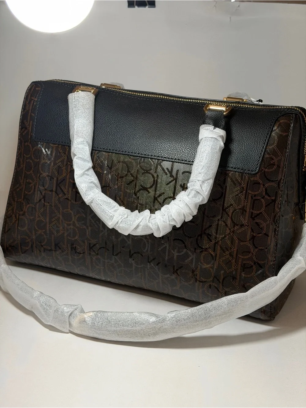 Calvin Klein Brown Monogram Satchel with Gold Hardware